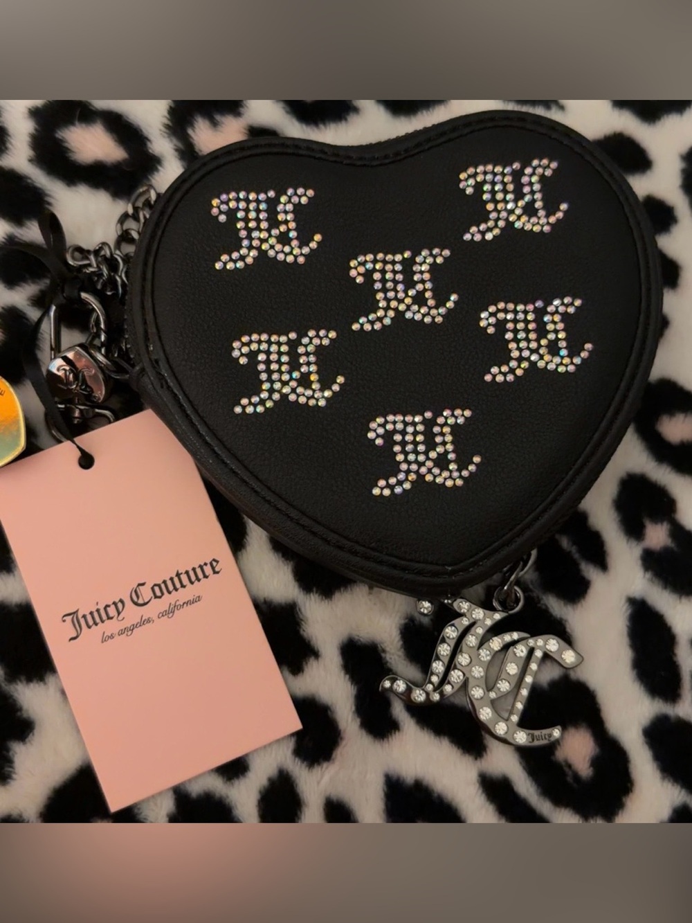 NEW Juicy Couture Black Heart Pouch with Colorful Sparkly Rhinestones